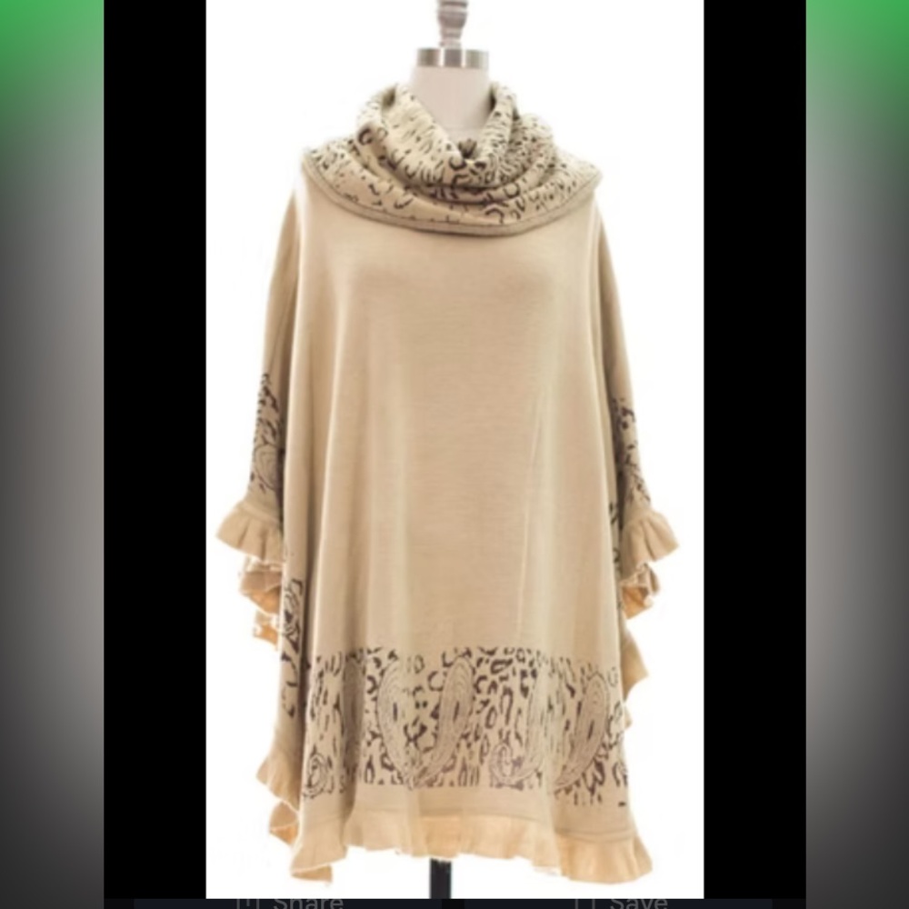 Poncho with a turtle necked ruffled hem, leopard print